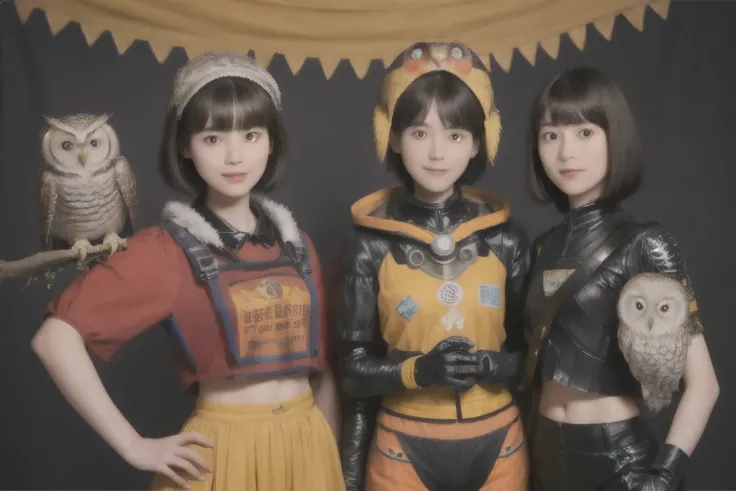 224 Short Hair, 20-year-old woman, A kind smile, (There are also colorful owls), (Rembrandt-style painting), ((machinery suit,Clothes with short sleeves)),I can see your abs