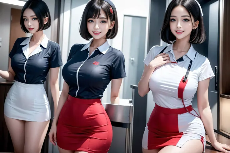 (3 Ultimate Beauty Nurse)、{{{masterpiece}}}， {Oh oh oh, Oh, really：1.2}， best quality， Official Art， Highly detailed CG Unity 8k wallpaper， Very rich facial details、Delicate lips、Delicate eyes、Double eyelids、((Black Bob Hair))、(Nurse:1.3)、(Attractive figur...