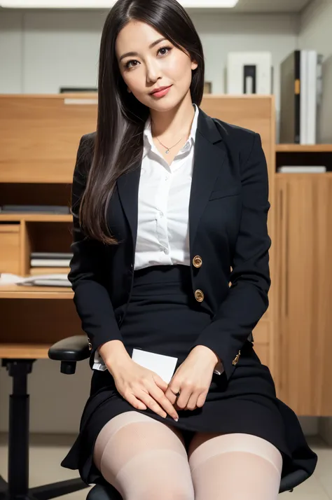 ​((masterpiece, Better Quality, hight resolution, Photorealsitic:1.4, Raw photography, high quality image)), ((portrait:1)), 1Milf sitting on office chair, wearing business suit, black stocking, curvy shape:0.5, very detailed and professional lighting, (cu...