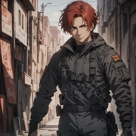 1man, handsome, 18 years old, red hair, wearing combat suit, ultra high resolution, best quality, masterpiece, rtx,ray tracing, 4k, top quality, highly detailed, official art, stunning visuals