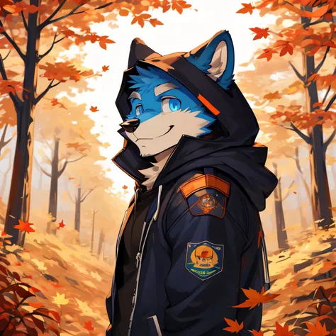 masterpiece,High quality,furry,male people,blue fur,light blue eye,autumn leaves, hooded jacket,Smile