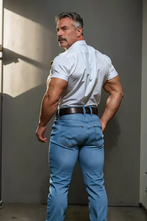 age 60, white man police detective with a mature, full body backside, kind demeanor, strong and muscular yet chubby build, mustache, wearing dress pants and a buttoned-open translucent shirt that reveals a hairy chest and a noticeable bulge, wearing detect...