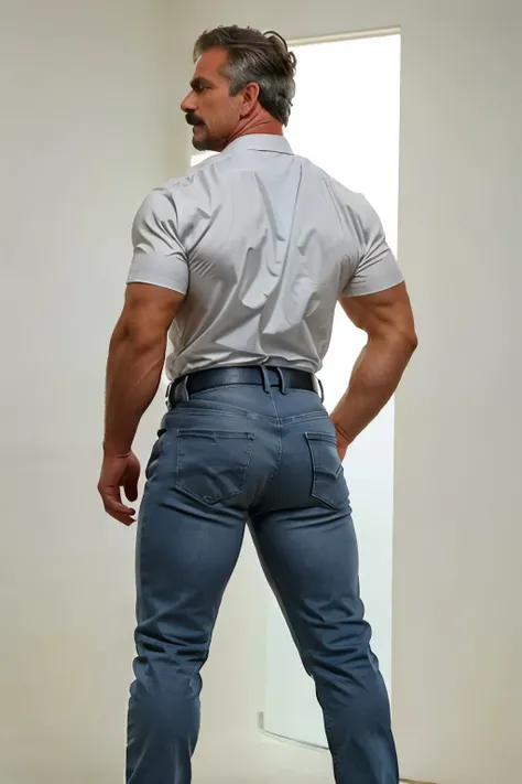 age 60, white man police detective with a mature, full body backside, kind demeanor, strong and muscular yet chubby build, mustache, wearing dress pants and a buttoned-open translucent shirt that reveals a hairy chest and a noticeable bulge, wearing detect...