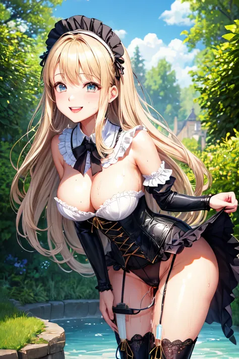 ((highest quality)), ((masterpiece)), (detailed), Perfect Face,Gothic style,English Garden,(Are standing),Leaning forward,smile,Trance,happiness,happinessな時間,blonde,beautiful girl,Long Hair,velvet,corset,Frills,organdy,Lace clothes,crinoline,(Lift your leg...