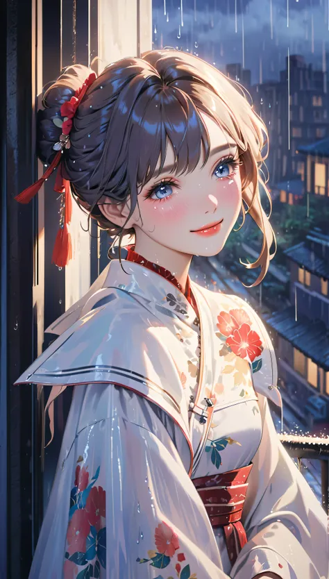 best quality, highres, ultra-detailed, realistic:1.37, vibrant colors, portrait, soft lighting, long eyelashes, sparkling eyes, glossy lips, detailed skin, retro pattern, pastel colors, ((smile while crying1.2)), ((shedding tears:1.8)),, sad look, dreamy a...