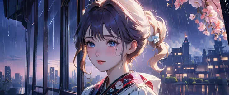 best quality, highres, ultra-detailed, realistic:1.37, vibrant colors, portrait, soft lighting, long eyelashes, sparkling eyes, glossy lips, detailed skin, retro pattern, pastel colors, ((smile while crying1.2)), ((shedding tears:2.0),, ((sad look:1.8)),, ...