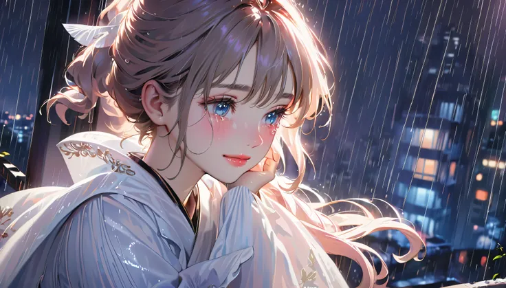 best quality, highres, ultra-detailed, realistic:1.37, vibrant colors, portrait, soft lighting, long eyelashes, sparkling eyes, glossy lips, detailed skin, retro pattern, pastel colors, ((smile while crying1.2)), ((shedding tears:2.0),, ((sad look:1.8)),, ...