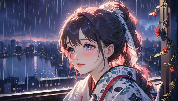 best quality, highres, ultra-detailed, realistic:1.37, vibrant colors, portrait, soft lighting, long eyelashes, sparkling eyes, glossy lips, detailed skin, retro pattern, pastel colors, ((smile while crying1.2)), ((shedding tears:2.0),, ((sad look:1.8)),, ...
