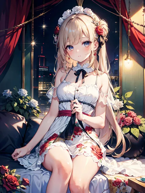 masterpiece, highest quality, High resolution, SA1, Two Beauties, Cute floral dress, Sparkly eyes, thighs, false eyelashes, Cute atmosphere, straight hair, ribbon, lots of roses,