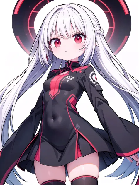 (small short girl red eyes long white hair), (sci-fi:1.1),(black color guard suit), (white background:1.5)