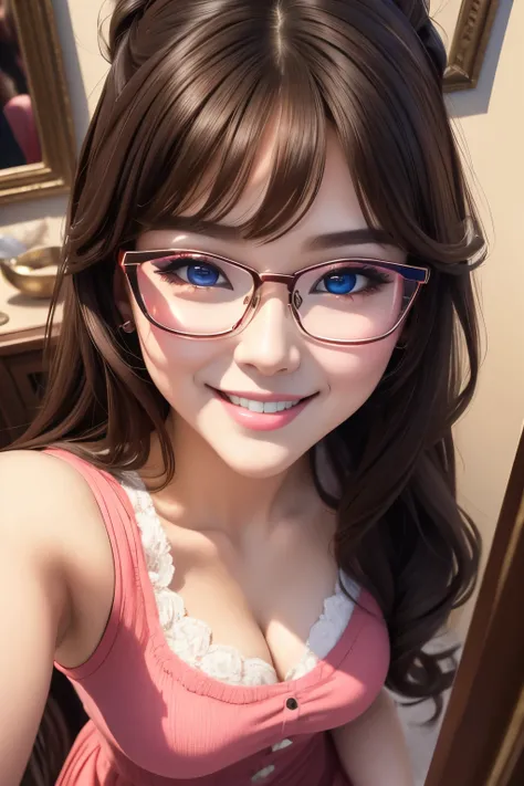 selfie from above, best quality, super fine, 16k, incredibly absurdres, extremely detailed, intelligent beauty, glasses, cute winking smile, hearts painted on her cheeks, portrait