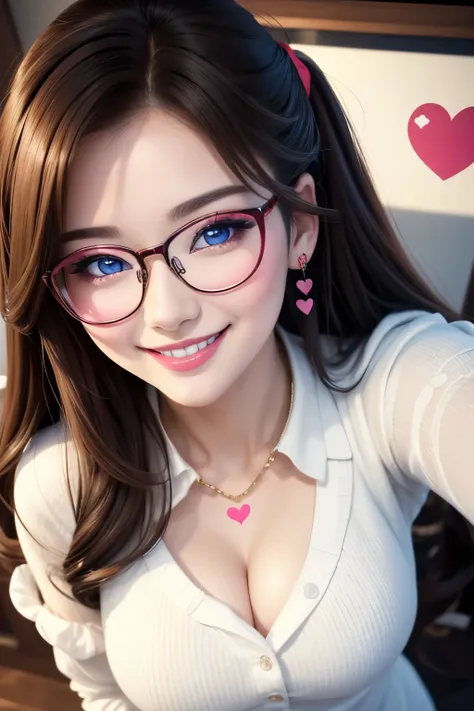 selfie from above, best quality, super fine, 16k, incredibly absurdres, extremely detailed, intelligent beauty, glasses, cute wi...