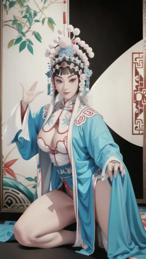 1 girls, Bai Suzhen, sexy costumes of the traditional Chinese Peking Opera repertoire "The Legend of the White Snake", white costumes and blue costumes, traditional Chinese underwear, huge breasts, huge ass, toned legs, showing their legs without pants, se...