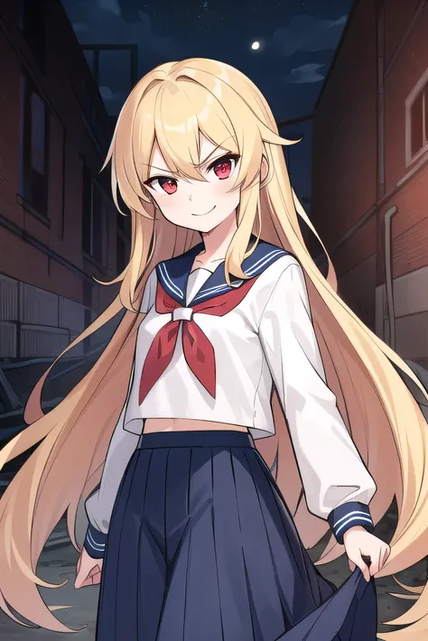 Yankee, blonde, red eyes, long hair, very long hair, sailor uniform, night, smiling, in an abandoned factory, angry, glaring, long skirt, waiting for the iron bat, one girl,