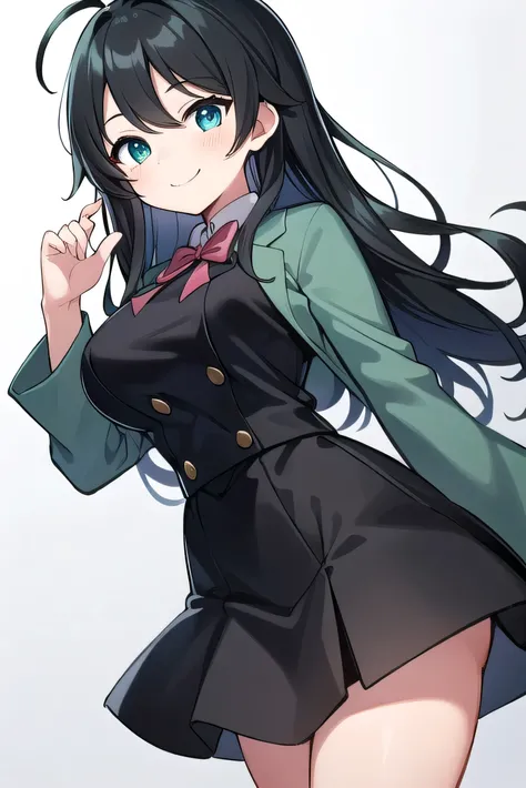 Junior high school student who looks like an elementary school student, 14 years old, very short, 140 cm tall, black hair with a slight green tinge, short ahoge, beautiful long hair but with a little hair sticking out, beautiful round eyes, blue eyes, smil...