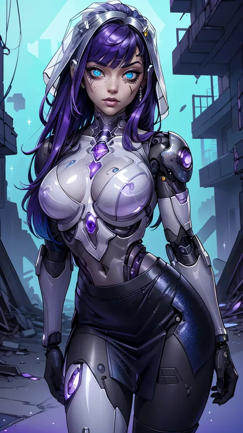 cyber enhanced female cyborg wearing (Sparkling Bodysuit:1.4) (Amethyst Purple Tulle Skirt with Color-Shifting Glimmer:1.4 ) (Swoop Bangs hairstyle:1.1), (Bride,Siniy Blue color background:1.3), More detailed 8K.motor irreal:1.4,UHD,La mejor calidad:1.4, f...