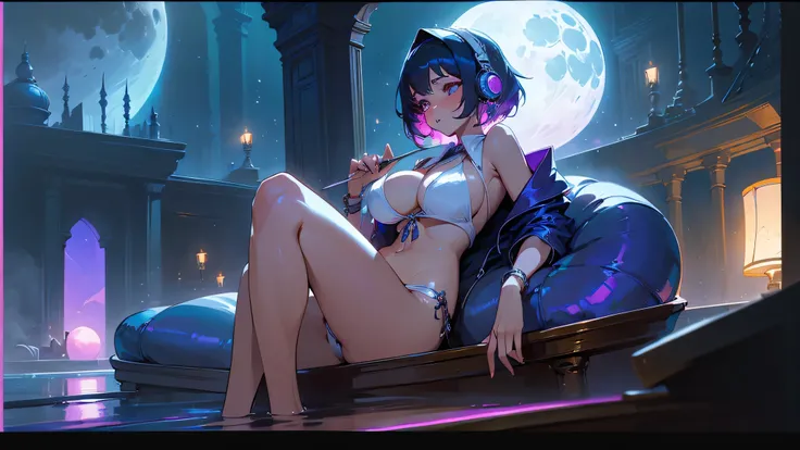 A woman wearing a white bikini and headphones、A beautiful night view behind、Big Breasts、sexy、Indoor pool with a night view、Moonlight、Unbuttoned、Downlight、full moon、Stylish interior、Ruby Eye、Woman lying on a vinyl boat