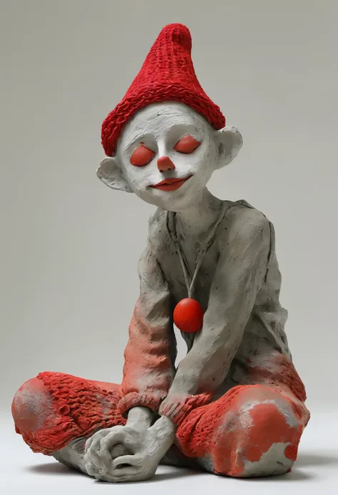 (best quality:1.2),ultra-light Clay, Clay, Pottery, Rough knitted texture, distressed, dirty, mineral pigments, 3D Clay sculpture art, Clay sculpture, Rough surface, (Art work，clown，Red nose，solitary figure，whole body，Barefoot，cover up,Solitary,)