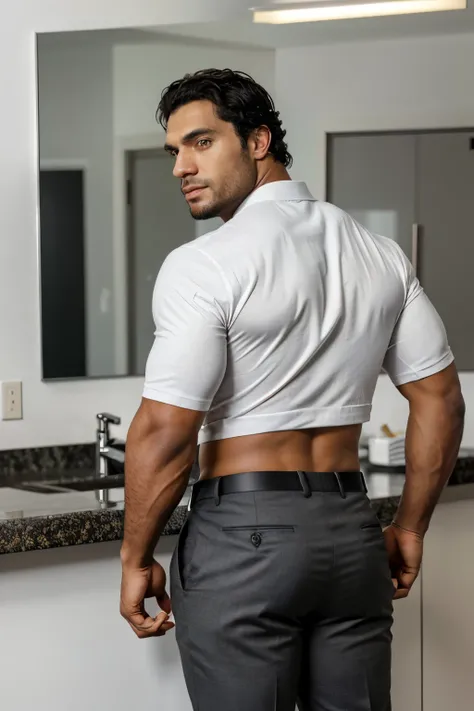 Un hombre negro con la cara se parece a Henry Cavill. Black man, Su cuerpo es musculoso y pe barba dentada.  Big butt, in a moment of reflection. Full body. Camisa Fajada, ropa semi formal, pantalon plata, backside. 