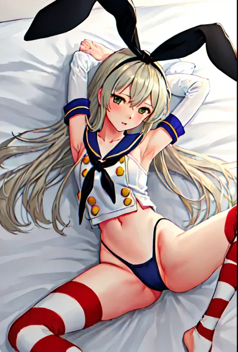 {Safety:1.10}, highest quality, masterpiece, High resolution, alone, {shimakaze_Fleet Collection:0.90}, ((whole body、Sexy pose、On the bed、Spread your legs))