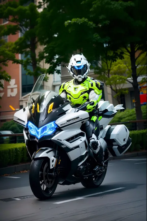 Muscular，Handsome full body black mecha White short hair cyber handsome warrior, Black cybernetic motorcycle, High-tech black full face helmet, White short hair, Noel, biology, MSHN Staff, High-tech helmet, Surrealism, steel, Complex design, Crazy details,...