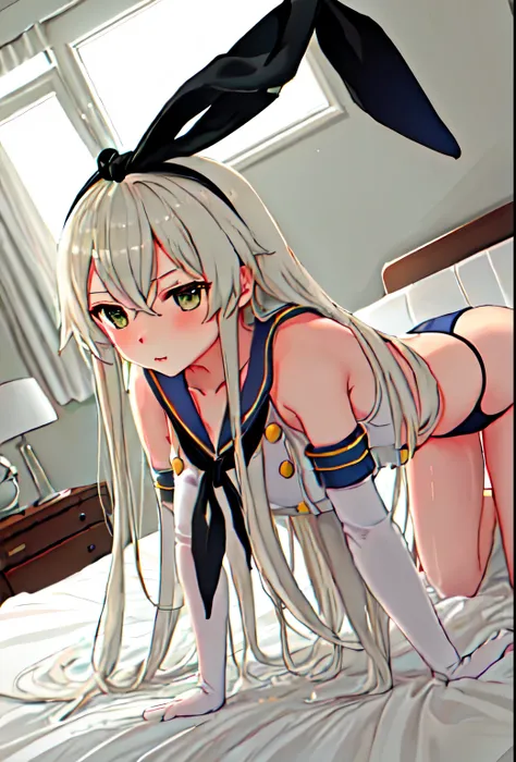 {Safety:1.10}, highest quality, masterpiece, High resolution, alone, {shimakaze_Fleet Collection:0.90}, ((whole body、Sexy pose、On the bed、On all fours))