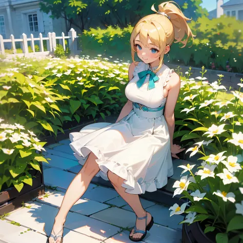 (high quality, High resolution, Very detailed, reality:1.37), Peaceful atmosphere, (Outdoor, garden), Teenage girl standing alone, (my breasts are big.), Beautiful details, Cute Smile, (Blonde Ponytail), White sleeveless dress, Sandals.