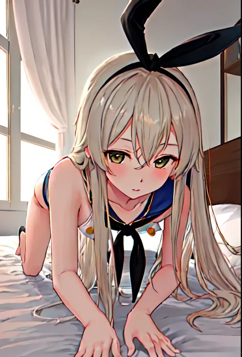 {Safety:1.10}, highest quality, masterpiece, High resolution, alone, {shimakaze_Fleet Collection:0.90}, ((whole body、Sexy pose、On the bed、On all fours、Point your ass to the camera))