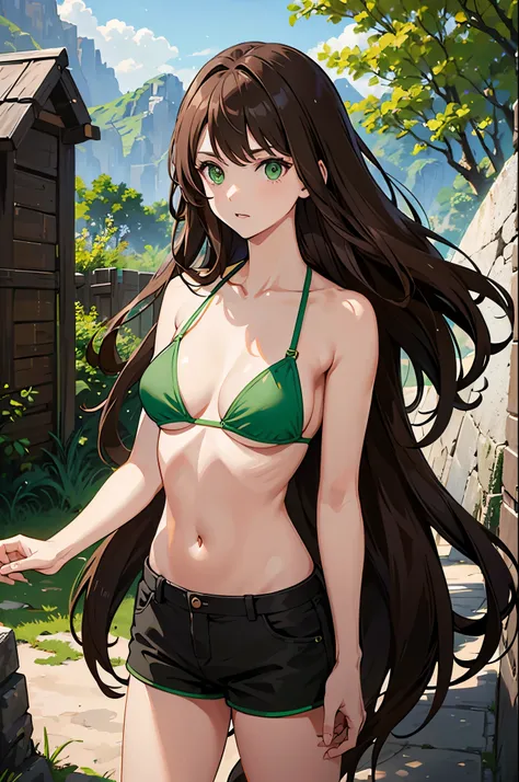 1woman, brown hair, long hair, green eyes, bikini top, shorts, standing on ground, high res, ultra sharp, 8K, masterpiece