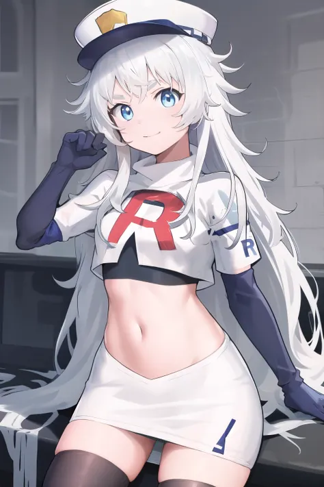 masterpiece, best quality, highres, 1girl, solo, long hair, hat, blue eyes, white hair, messy hair, team rocket,team rocket uniform,white skirt,red letter R,crop top,black thigh-highs,black elbow gloves