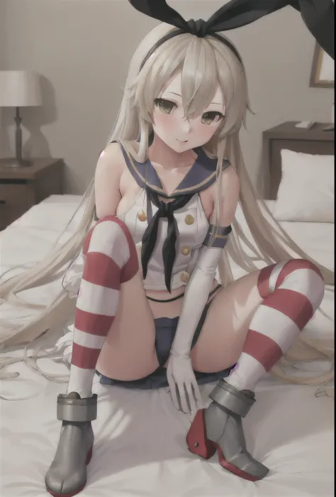 {Safety:1.10}, highest quality, masterpiece, High resolution, alone, {shimakaze_Fleet Collection:0.90}, ((whole body、Random sexy poses、On the bed、Open clothing))