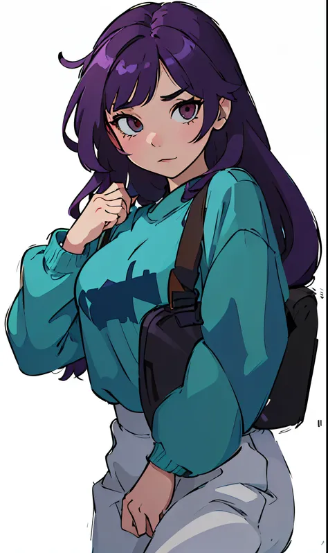 Anime girl with long purple hair and blue shirt sitting on a chair, Anime cute art style, In the anime painter studio, Produced in collaboration with Anime Painter Studio, Flat anime-style shadows, Ilya Kuvshinov long hair, Digital Anime Illustration, Ilya...