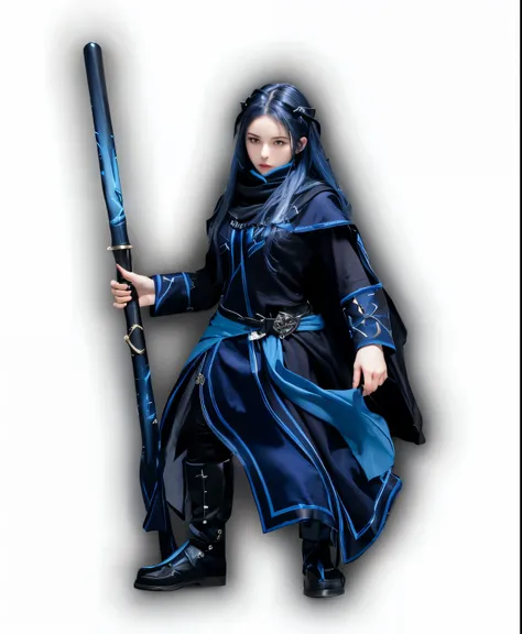 Pale white girl with dark blue hair wearing dark blue mage robe attire and a large blue scarf, she is holding a blue metal staff