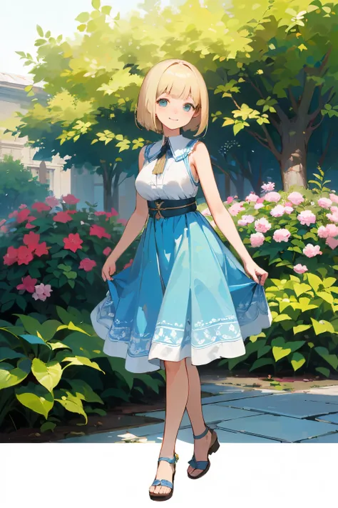 (high quality, High resolution, Very detailed, reality:1.37), Peaceful atmosphere, (Outdoor, garden), Teenage girl standing alone, (my breasts are big.), Beautiful details, Cute Smile, (Blonde Bob Hair), Blue sleeveless dress, Sandals.