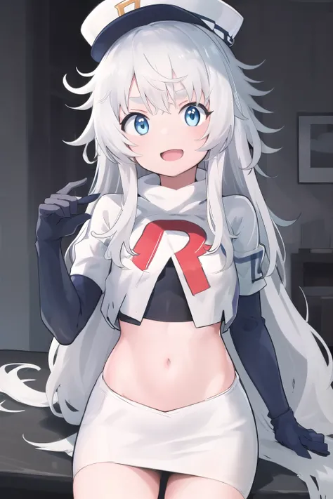 masterpiece, best quality, highres, 1girl, solo, long hair, hat, blue eyes, white hair, messy hair, team rocket,team rocket uniform,white skirt,red letter R,crop top,black thigh-highs,black elbow gloves