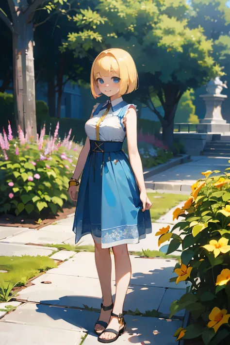 (high quality, High resolution, Very detailed, reality:1.37), Peaceful atmosphere, (Outdoor, garden), Teenage girl standing alone, (my breasts are big.), Beautiful details, Cute Smile, (Blonde Bob Hair), Blue sleeveless dress, Sandals.