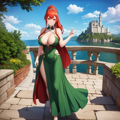 a woman wearing a long maiden's dress, green dress with red details, long white fur cape, white details, red red hair, ponytail ...