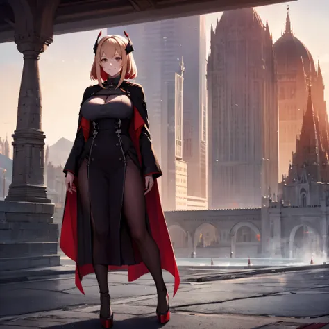 A woman wearing a long black maiden dress with gold details, black heels, walking on a platform of a concrete tower, background castle, a wide view of a mountain forest, full body, short blonde hair, red bangs, red feather on her big breasts, smiling hair,...