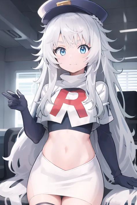 masterpiece, best quality, highres, 1girl, solo, long hair, hat, blue eyes, white hair, messy hair, team rocket,team rocket uniform,white skirt,red letter R,crop top,black thigh-highs,black elbow gloves