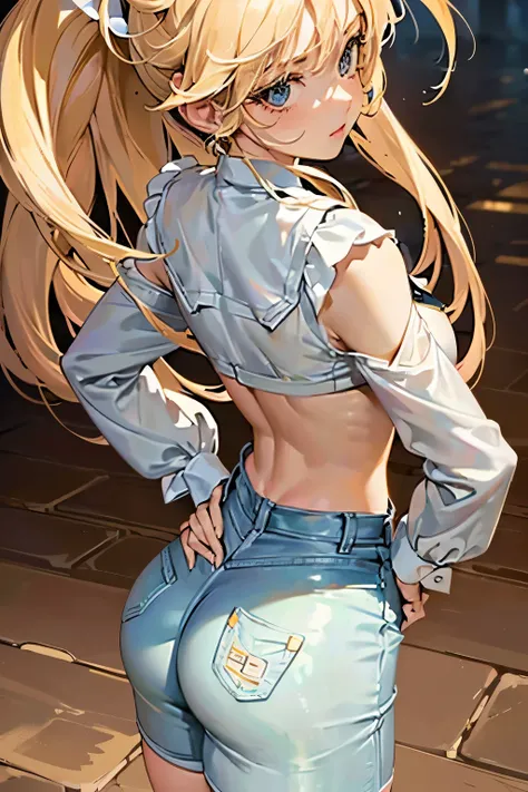 In the desert during the day、((From directly behind))、((From below))、Beautiful girl with beautiful hair、A sharp, challenging gaze、Big eyes、Big Breasts、((Stand with your hands on your hips and your feet shoulder-width apart))、Looking into the distance。Short...