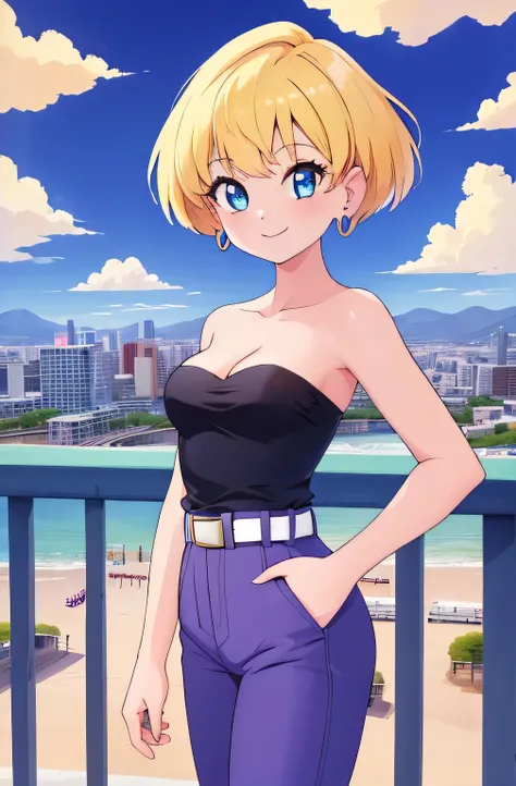 (Best Quality, Masterpiece:1.4), (Absurdres:1.2), 1 girl, Solo, erasa, blonde hair, blue eyes, earrings, black shirt, strapless, cleavage, white belt, purple pants, small breasts, sky, clouds, cityscape, smile, looking at viewer, cowboy shot, railing