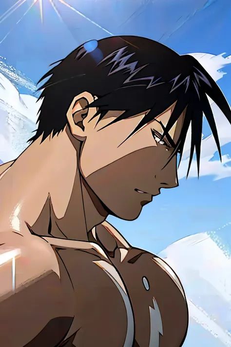 roy mustang from full metal alchemist, shirtless, bodybuilder