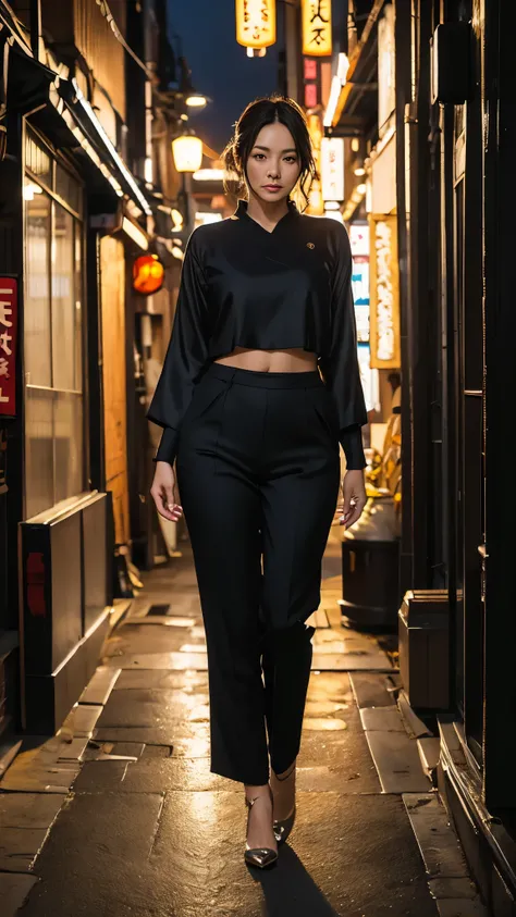 (Beautiful woman, High resolution, Wallpaper 8K Screen, highest quality, Real, Super fine, Exquisite and perfect dynamic composition, (Japanese mature woman walking down a rundown alley), (Shinjuku Golden Gai at night: 1.4) , (Detailed background), （Casual...