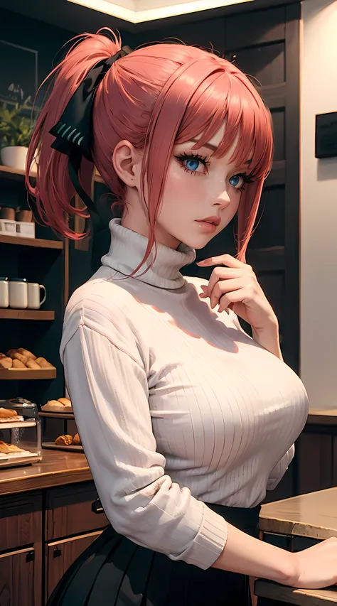 beautiful red and pink hair woman is shown to have a sexy figure, she is wearing a nsfw turtleneck sweater and cute skirt, high ...