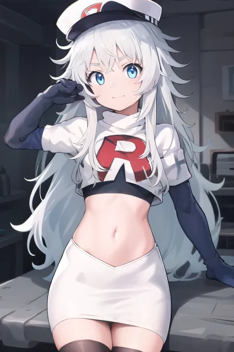 masterpiece, best quality, highres, 1girl, solo, long hair, hat, blue eyes, white hair, messy hair, team rocket,team rocket uniform,white skirt,red letter R,crop top,black thigh-highs,black elbow gloves