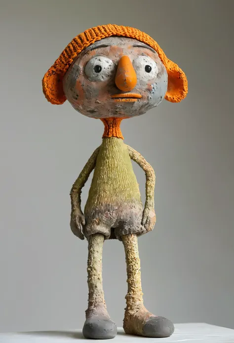 (best quality:1.2),ultra-light Clay, Clay, Pottery, Rough knitted texture, distressed, dirty, mineral pigments, 3D Clay sculpture art, Clay sculpture, Rough surface, (Art work，Pee Herman, as a sock puppet,Long legs，concept art,)