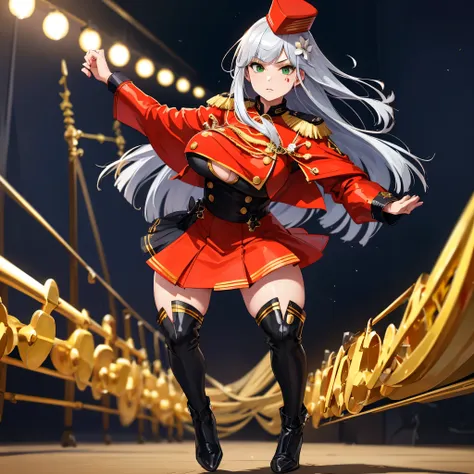 a woman wearing red marching band uniforms with gold details, gold shoulder pads, wearing a red drum major hat with gold details...