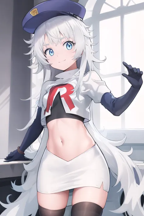masterpiece, best quality, highres, 1girl, solo, long hair, hat, blue eyes, white hair, messy hair, team rocket,team rocket uniform,white skirt,red letter R,crop top,black thigh-highs,black elbow gloves