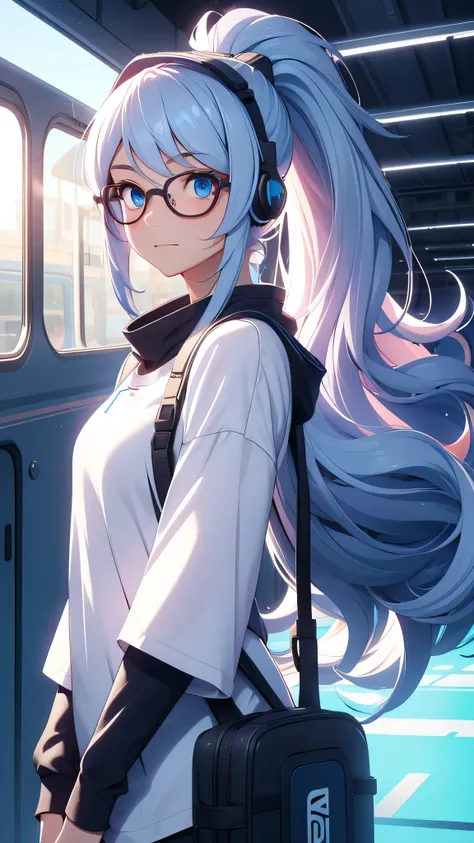 A girl, sky hair, long hair, feminime, soft smile, white t-shirts, glowing blue eyes, train background, wearing headphone, front view, glasses, ponytail hair, wearing masker, fullbody, ((Body facing the camera))