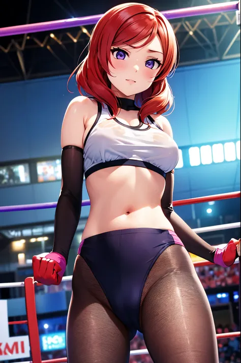 Solo,Nishikino maki, purple eyes, gym bra, buruma bottom, standing  , cowboy shot , elbow gloves, see-through pantyhose,in wrestling ring 